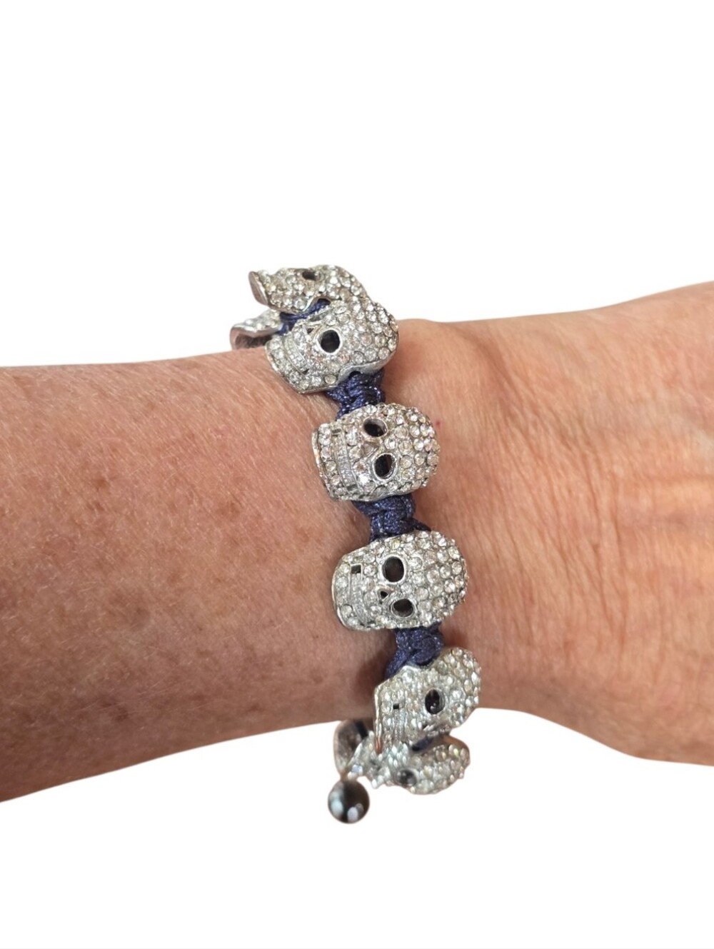 Skull Crystal Shamballa Macrame Navy Blue Lariat Cord Bracelet - Picture 3 of 6